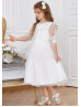 Ivory Pearl Beaded Embroidered Lace Tulle Flower Girl Dress